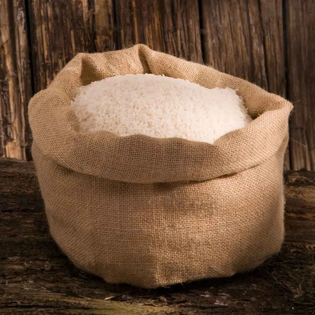 Eco-friendly jute sacks for rice storage; durable, reusable, and sustainable packaging solution.
